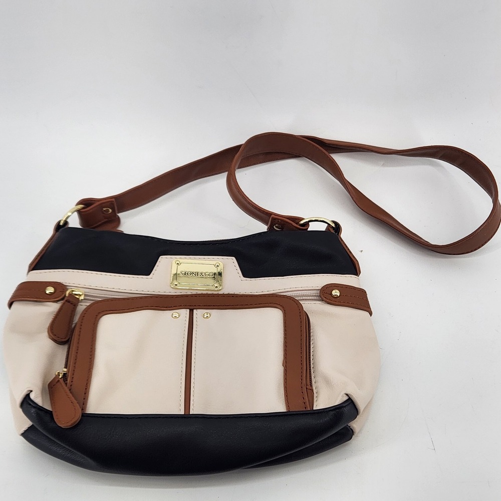Stone & Co Crossbody Bag Cream Navy Brown Multi Pocket Purse 12 Inch‎